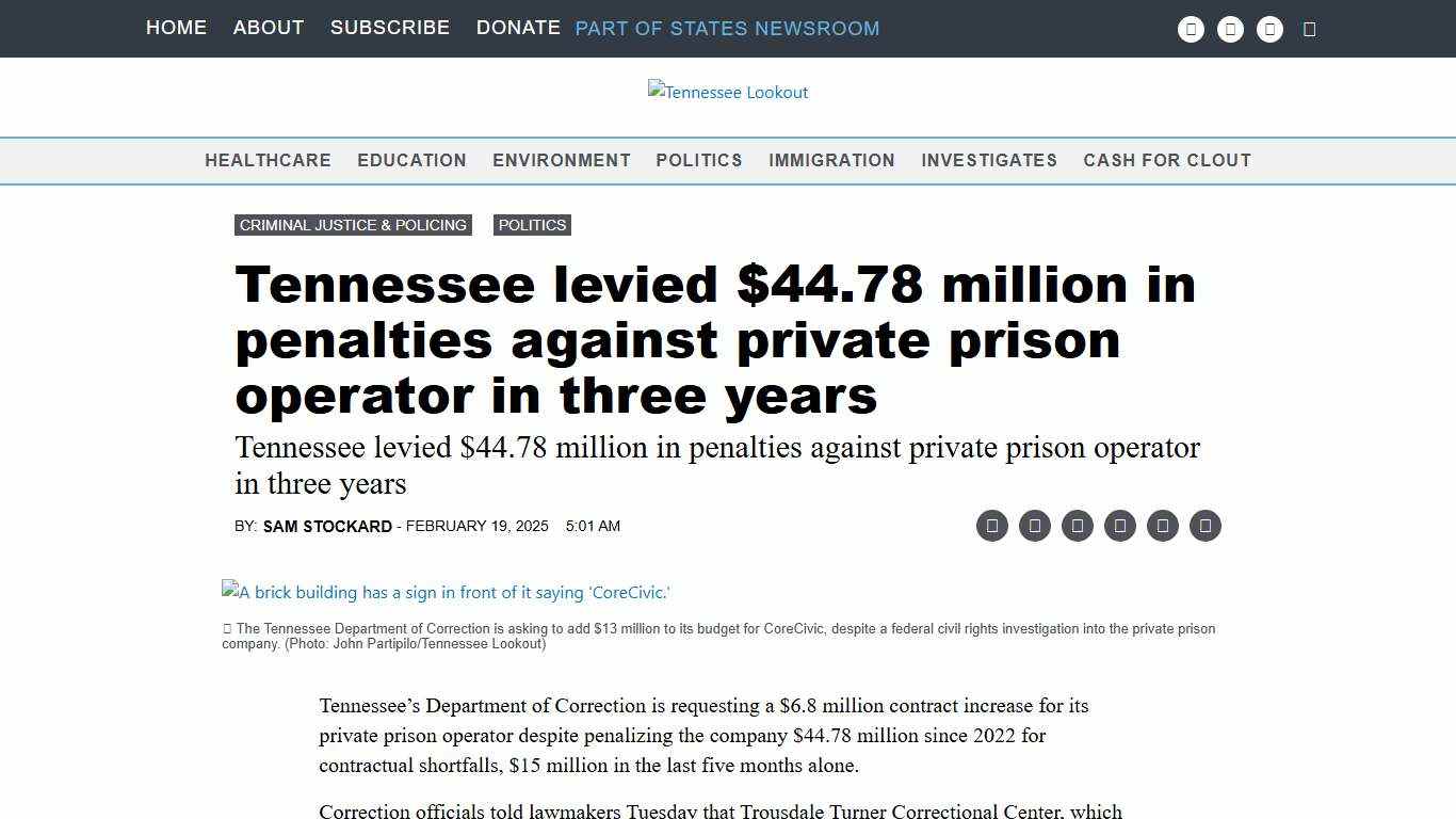 Tennessee levied $44.78 million in penalties against private prison operator in three years • Tennessee Lookout