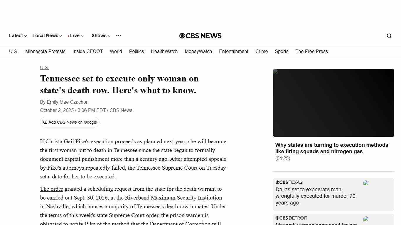 Tennessee set to execute only woman on state's death row. Here's what to know. - CBS News